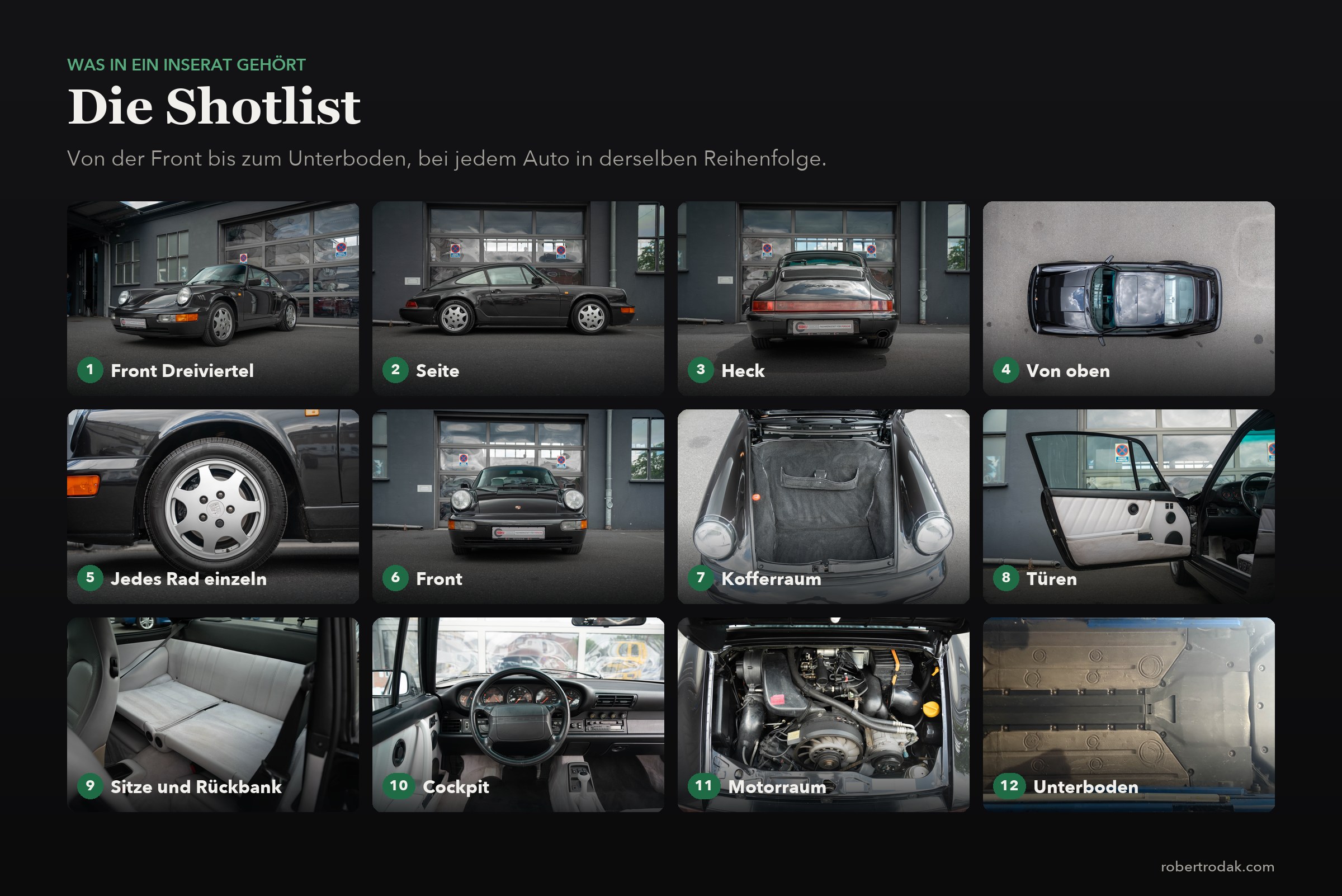 Die Shotlist: was bei jedem Auto fotografiert wird